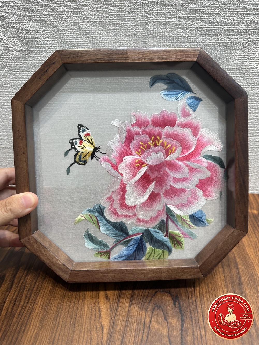 Double-sided Embroidery Ornament - Premium Peony Flower and Prosperity Handmade Embroidery with Walnut Frame, 21cm Diameter (In Stock)