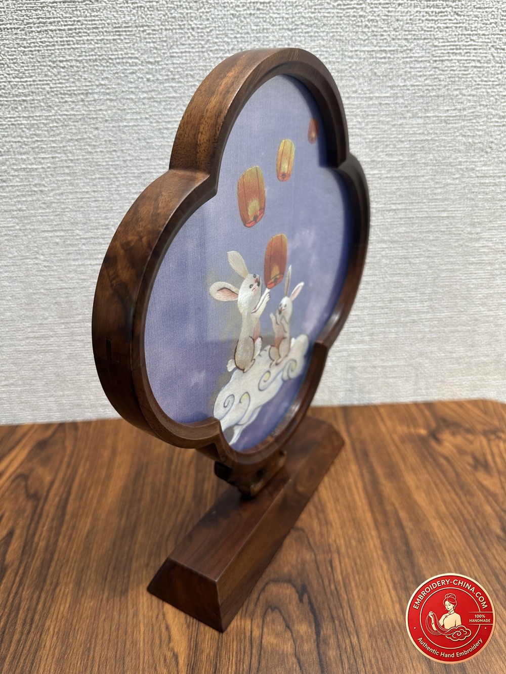 Double-sided Embroidery Ornament - Premium Rabbit Handmade Embroidery with Walnut Frame, 23×21cm (In Stock)