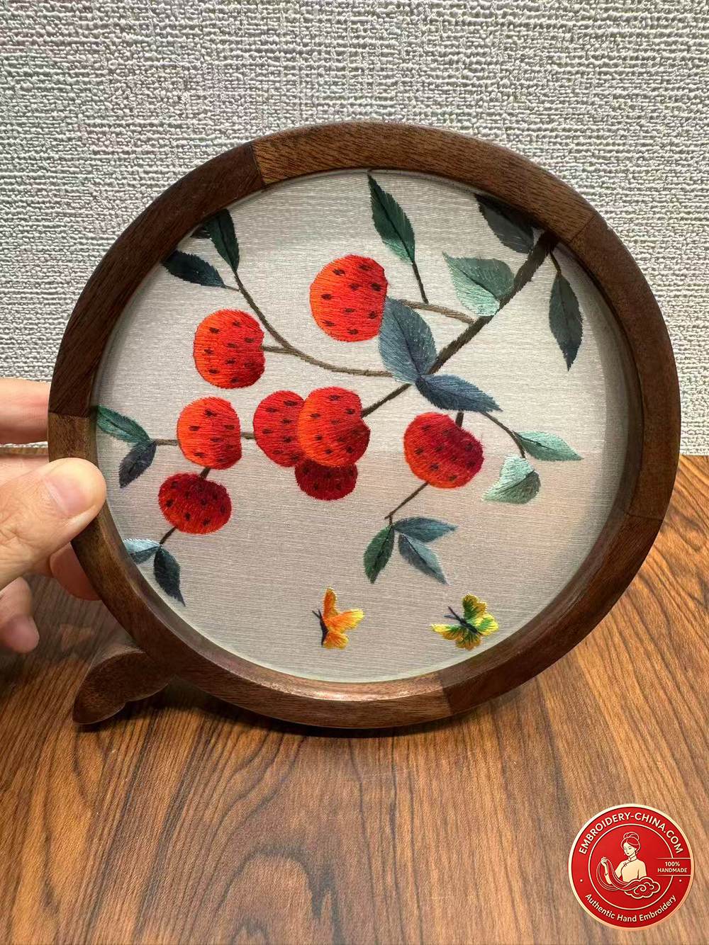 Double-sided Embroidery Ornament - Premium Panda Handmade Embroidery with Walnut Frame, 16cm Diameter (In Stock)