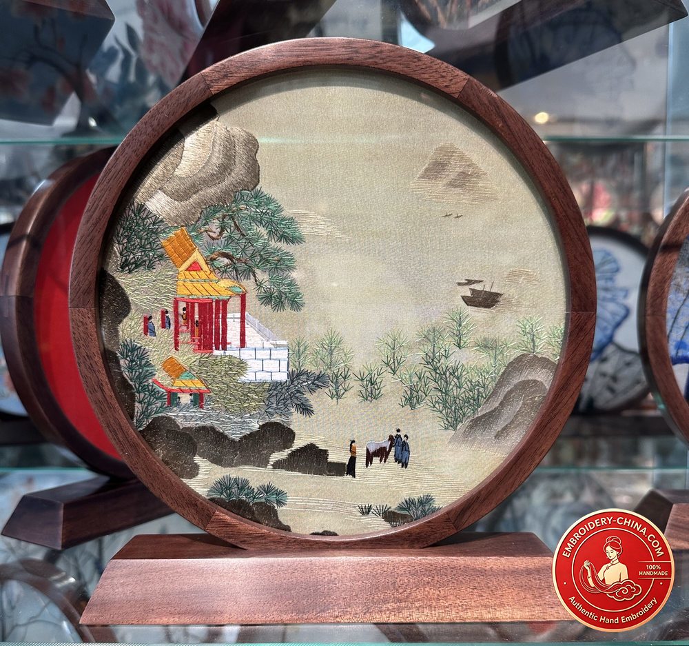 Double-sided Embroidery Ornament - Ancient Landscape Handmade Embroidery (2-Strand/3-Strand) with Walnut Frame, 23×21cm