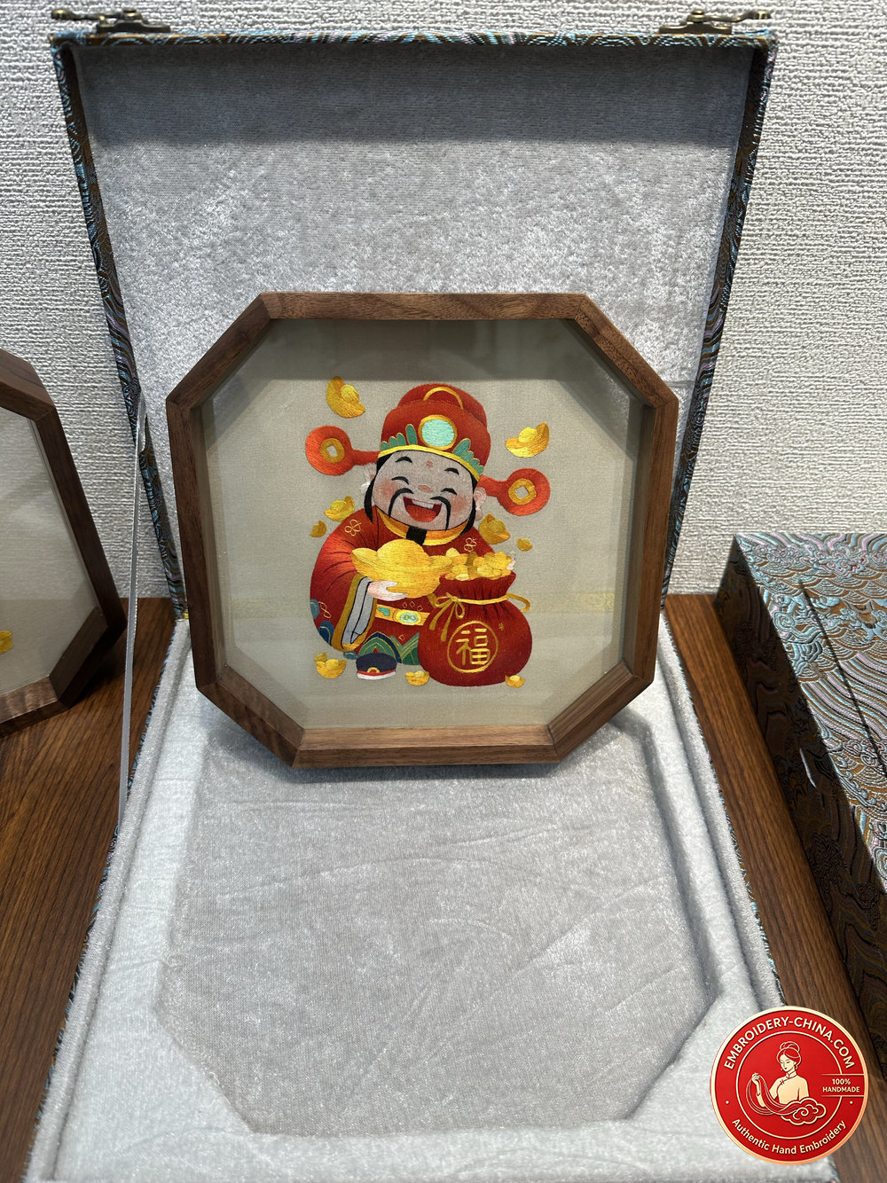 Double-sided Embroidery Ornament - Suzhou Handmade God of Wealth with Walnut Frame, 21cm Diameter