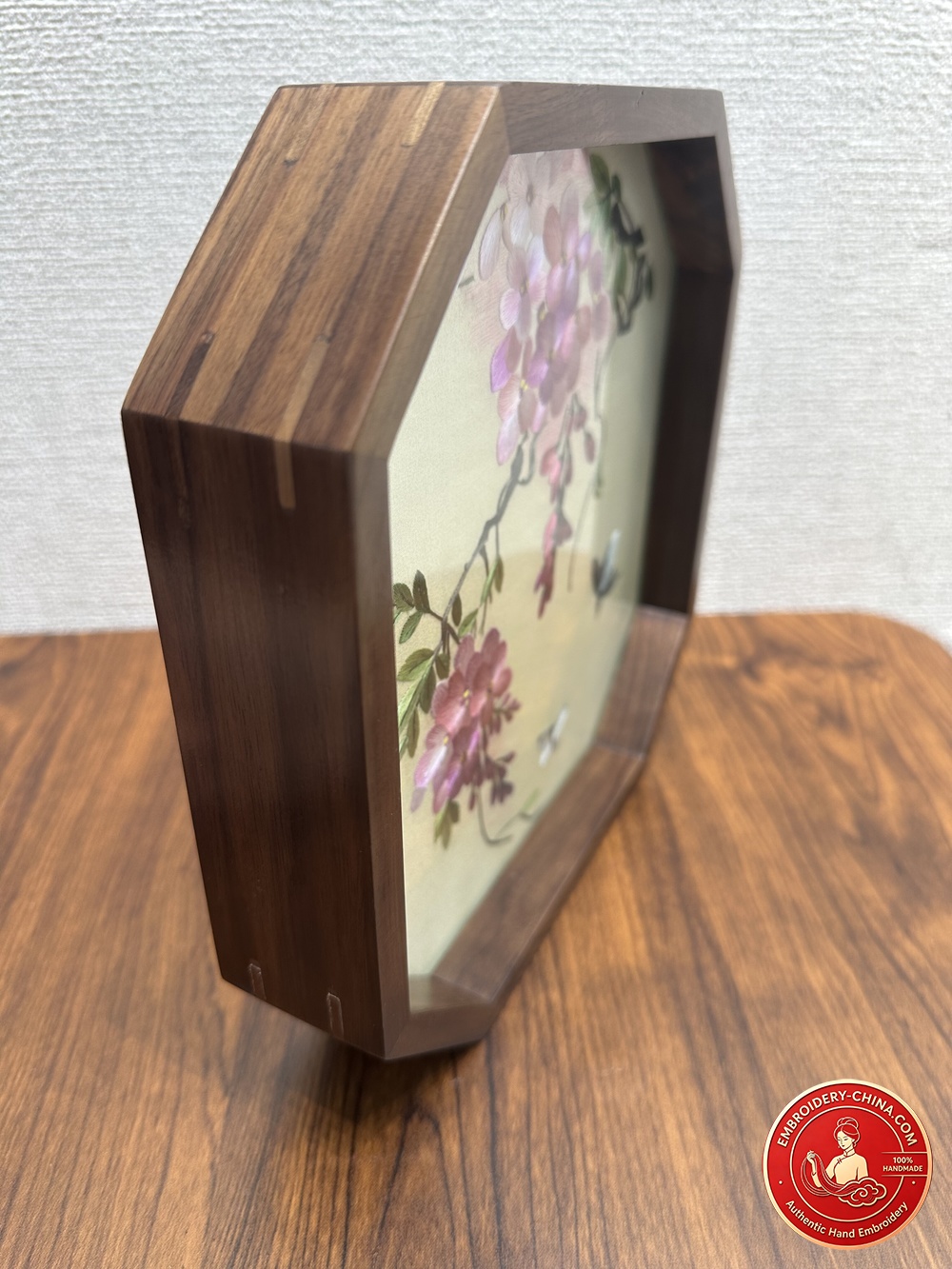 Double-sided Embroidery Ornament - Premium Wisteria Flower Handmade Embroidery with Walnut Frame, 21cm Diameter (In Stock)