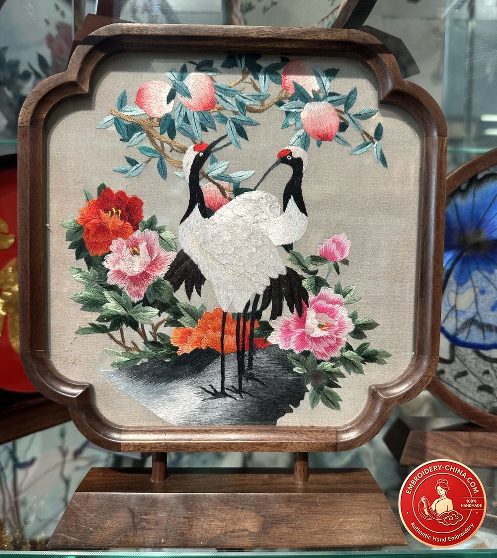Double-sided Embroidery Ornament - Premium Peach, Crane and Peony Handmade Embroidery with Walnut Frame, 26×21cm (In Stock)