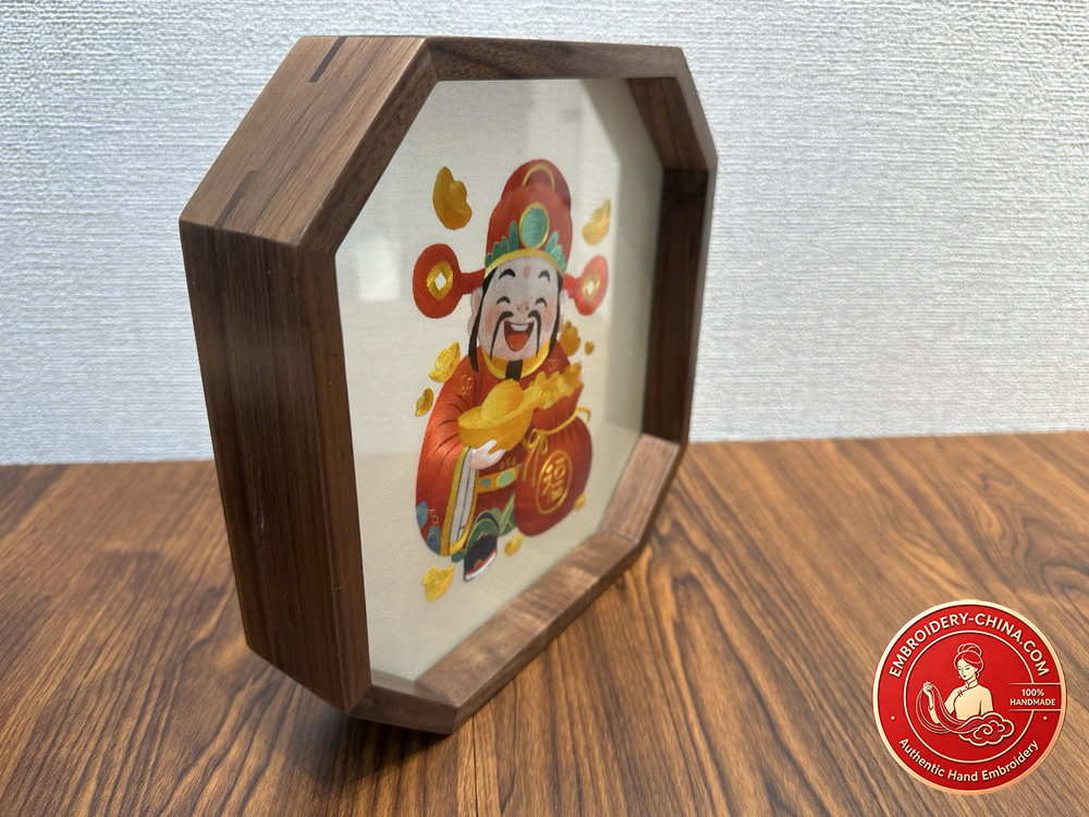 Double-sided Embroidery Ornament - Suzhou Handmade God of Wealth with Walnut Frame, 21cm Diameter