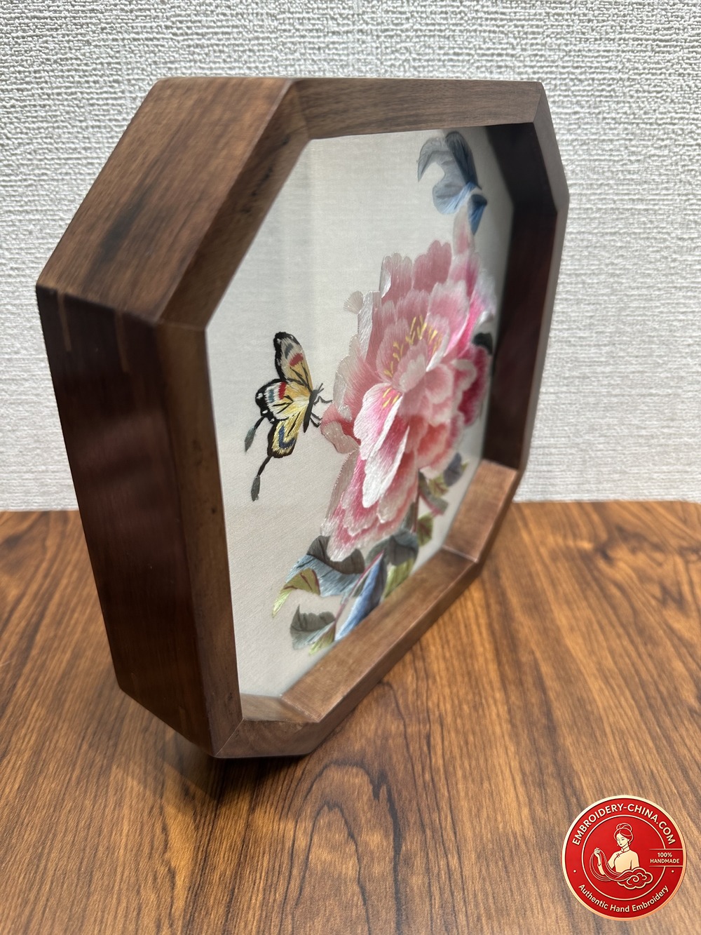 Double-sided Embroidery Ornament - Premium Peony Flower and Prosperity Handmade Embroidery with Walnut Frame, 21cm Diameter (In Stock)