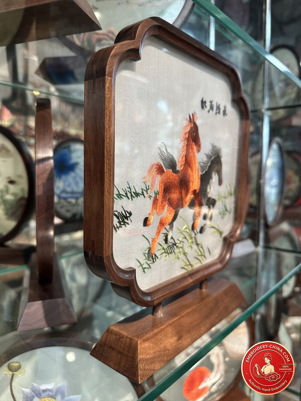 Double-sided Embroidery Ornament - Horse Success Handmade Embroidery (2-Strand/3-Strand) with Walnut Frame, 26×21cm
