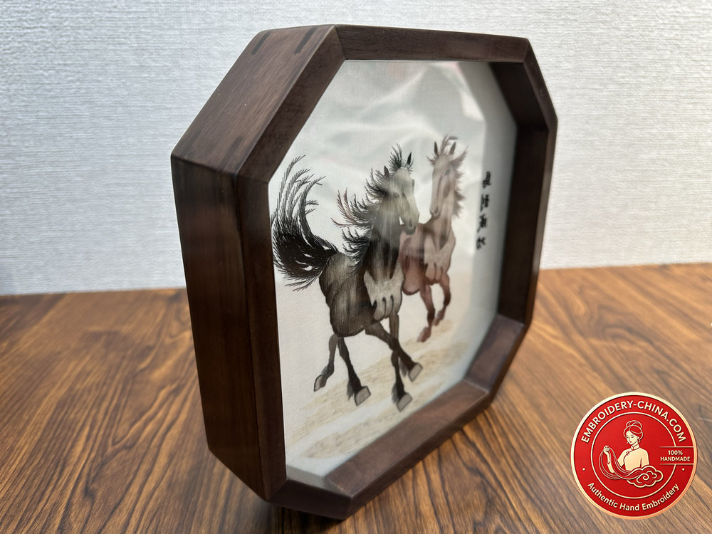 Suzhou Double-sided Embroidery Ornament - Horse Success Handmade Embroidery with Walnut Frame, 21cm Diameter (In Stock)