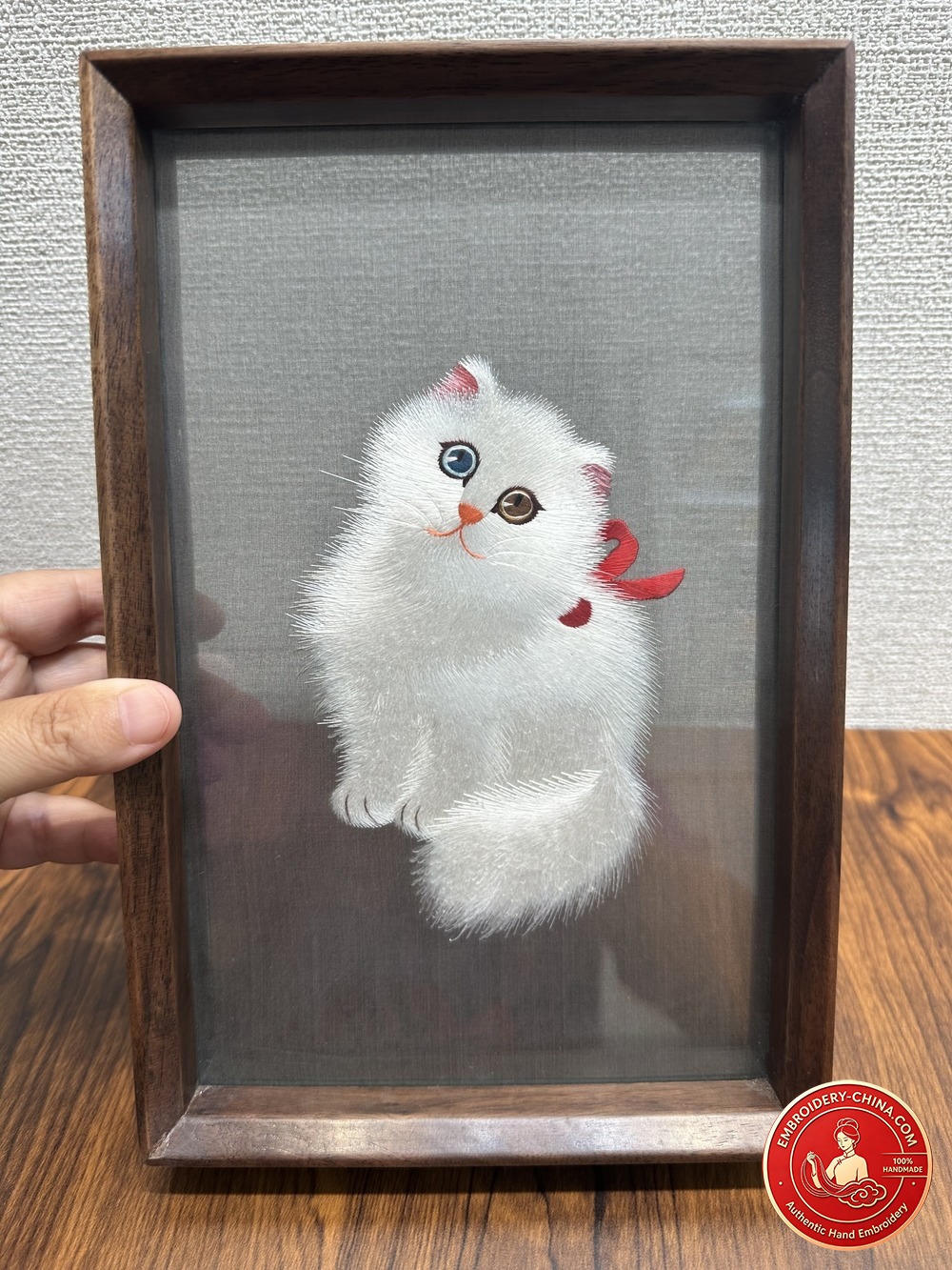 Double-sided Embroidery Ornament - Premium Lucky White Cat Handmade Embroidery with Walnut Frame, 26×17cm (In Stock)