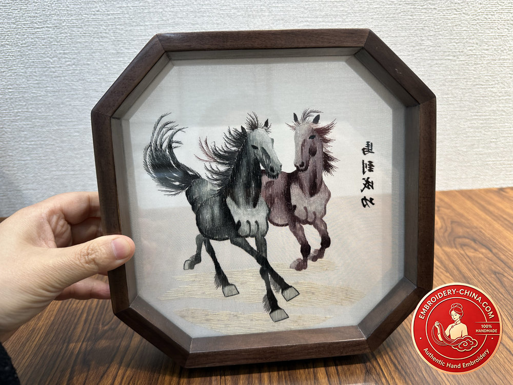 Suzhou Double-sided Embroidery Ornament - Horse Success Handmade Embroidery with Walnut Frame, 21cm Diameter (In Stock)
