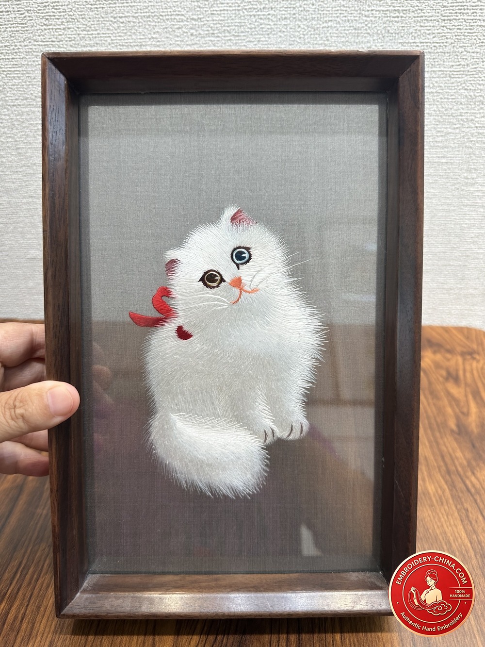 Double-sided Embroidery Ornament - Premium Lucky White Cat Handmade Embroidery with Walnut Frame, 26×17cm (In Stock)