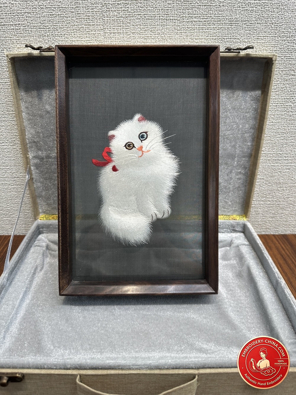 Double-sided Embroidery Ornament - Premium Lucky White Cat Handmade Embroidery with Walnut Frame, 26×17cm (In Stock)