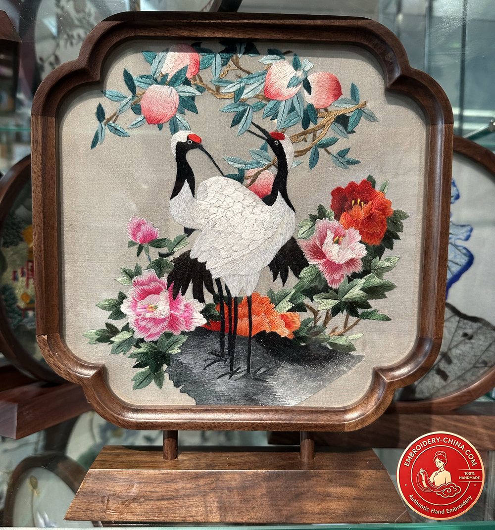 Double-sided Embroidery Ornament - Premium Peach, Crane and Peony Handmade Embroidery with Walnut Frame, 26×21cm (In Stock)
