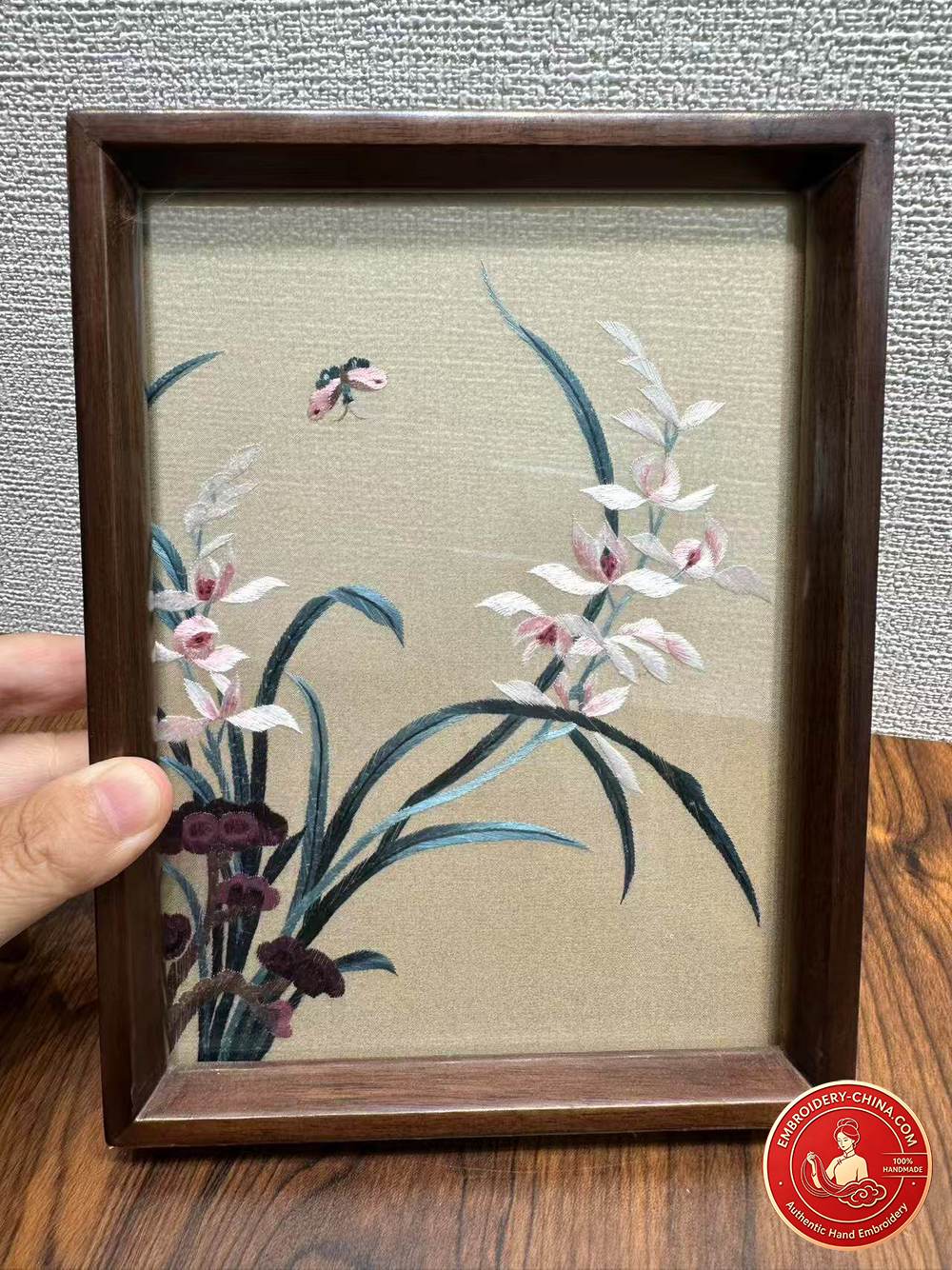 Double-sided Embroidery Ornament - Premium Orchid Handmade Embroidery with Walnut Frame, 20×15cm (In Stock)