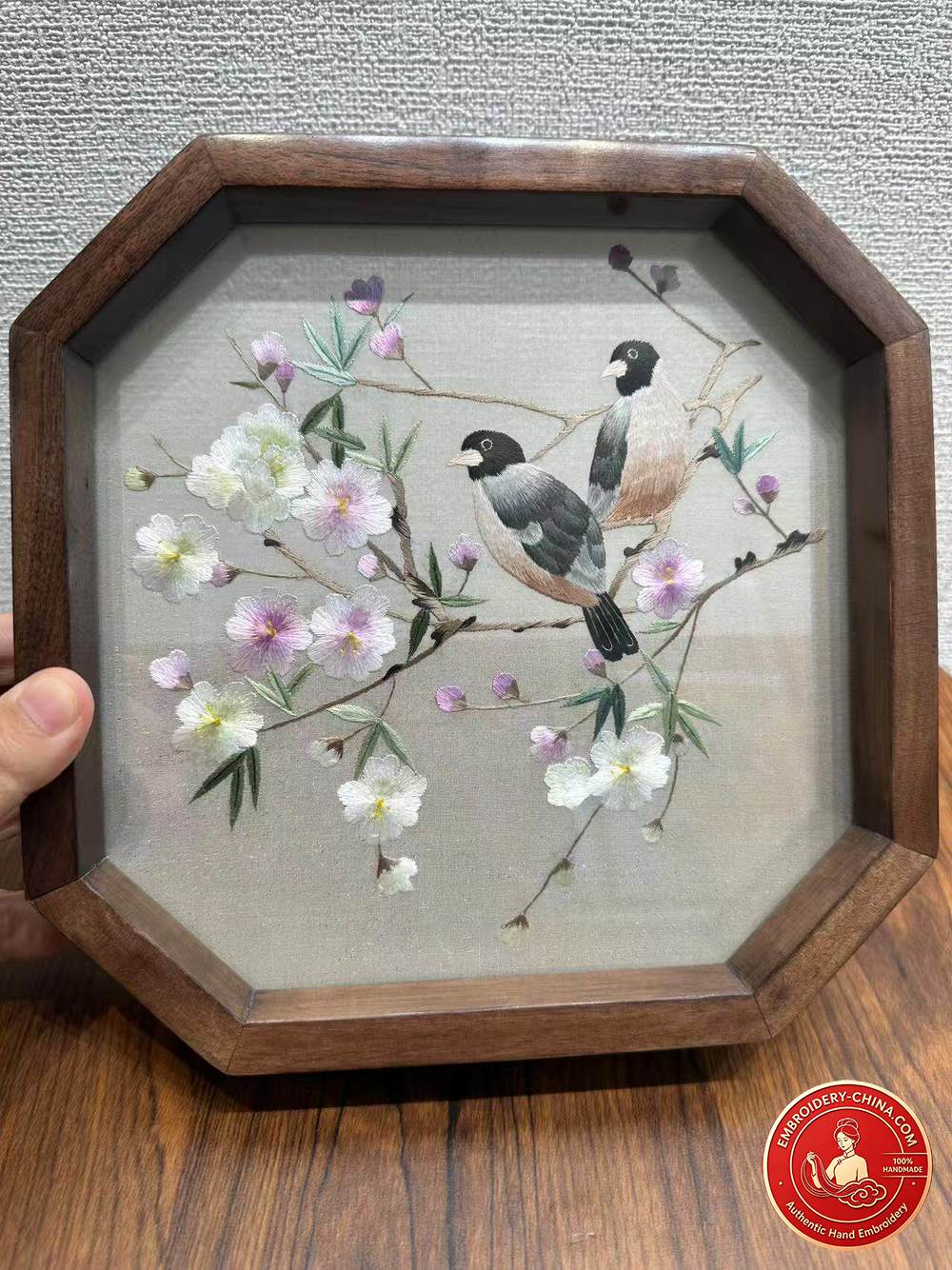 Double-sided Embroidery Ornament - Premium Flower and Bird Painting Handmade Embroidery with Walnut Frame, 21cm Diameter (In Stock)