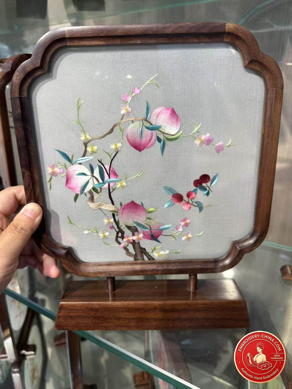 Double-sided Embroidery Ornament - Premium Peach Handmade Embroidery (2-Strand/3-Strand) with Walnut Frame, 26×21cm