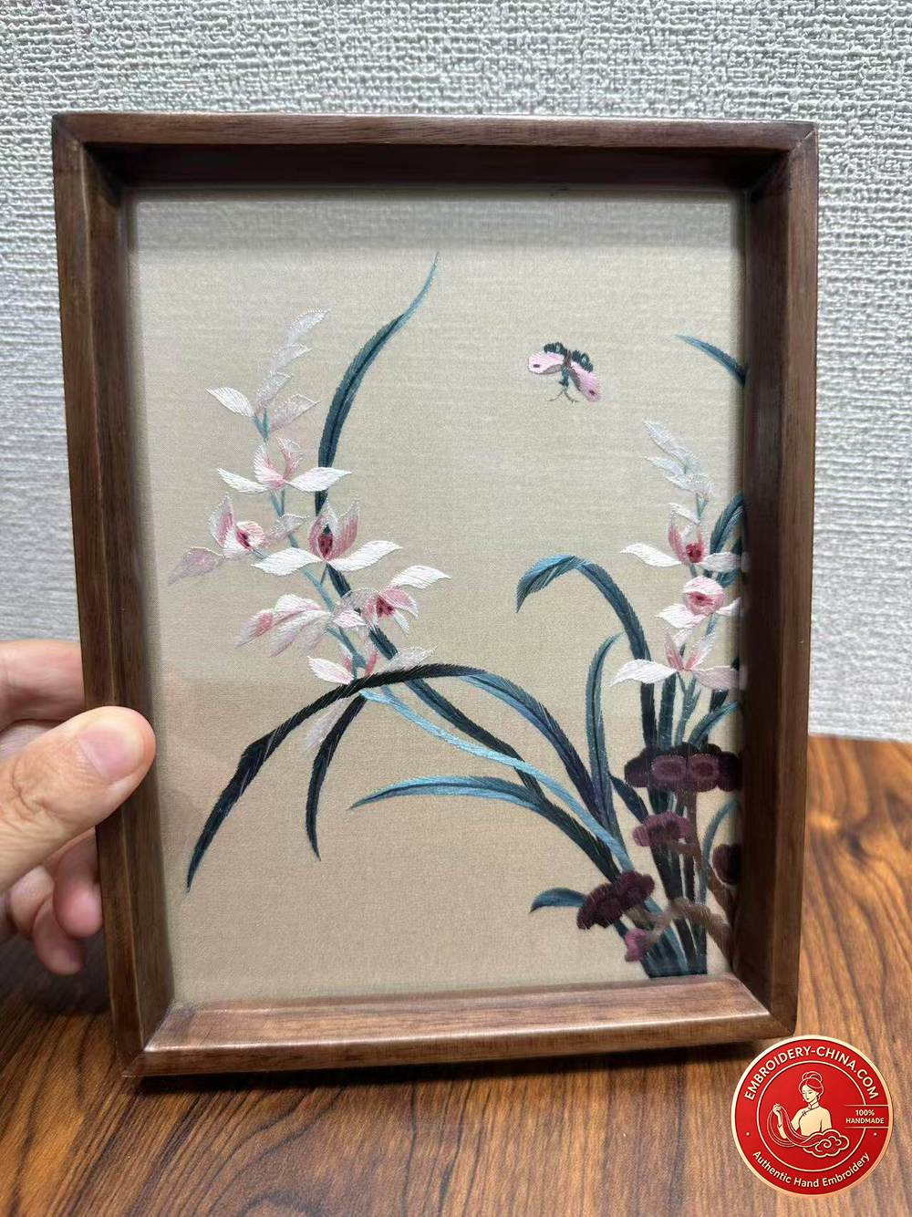 Double-sided Embroidery Ornament - Premium Orchid Handmade Embroidery with Walnut Frame, 20×15cm (In Stock)