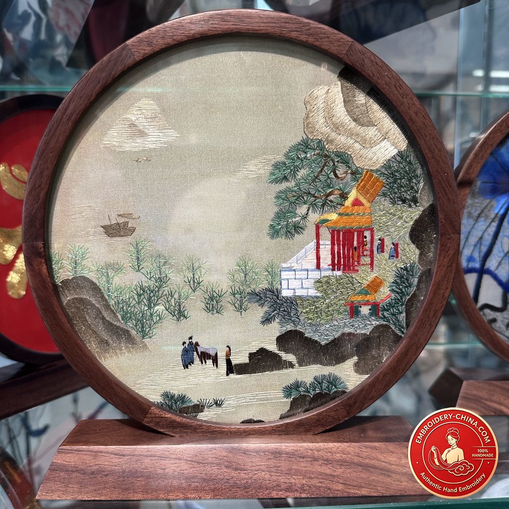 Double-sided Embroidery Ornament - Ancient Landscape Handmade Embroidery (2-Strand/3-Strand) with Walnut Frame, 23×21cm