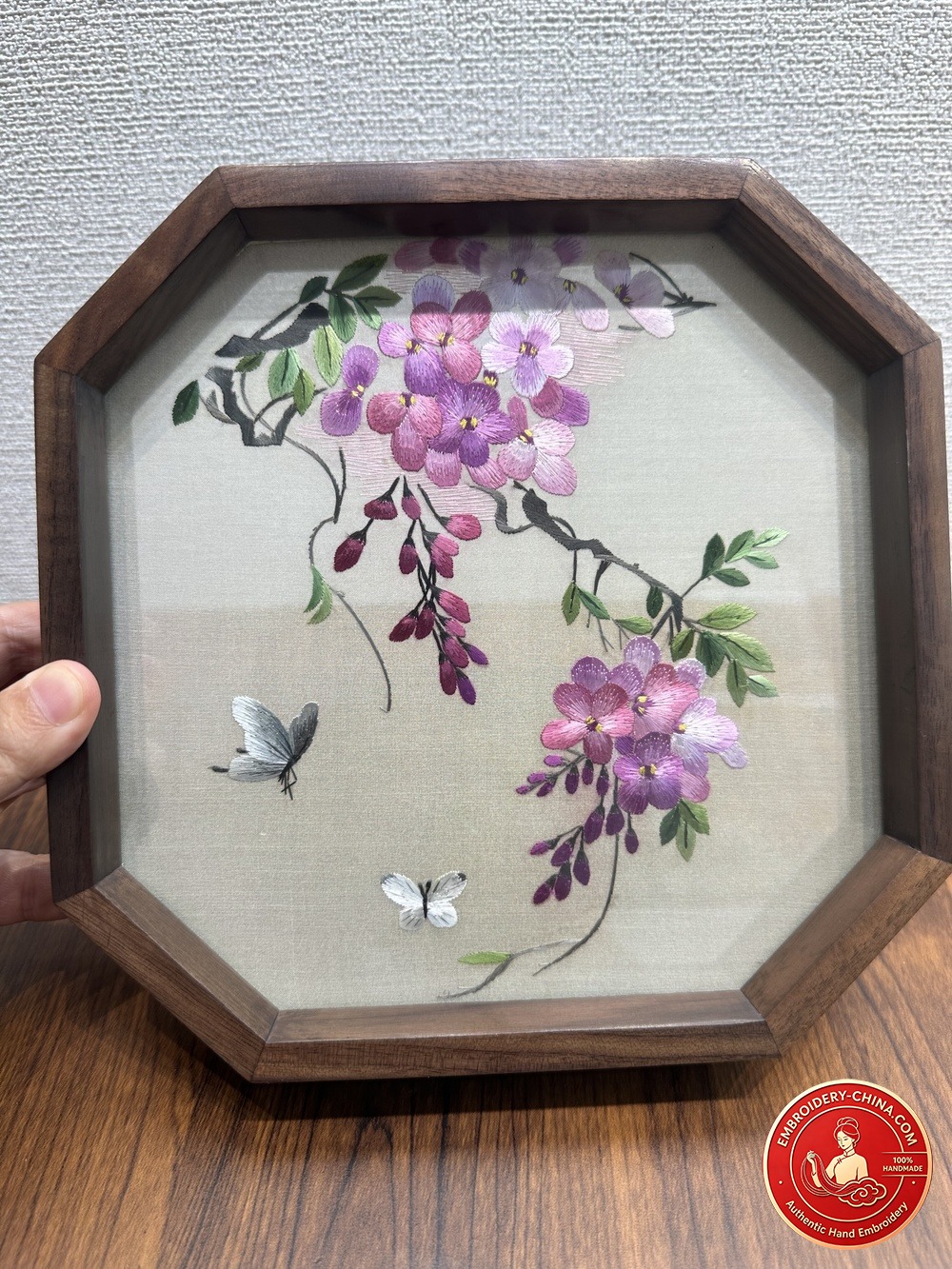 Double-sided Embroidery Ornament - Premium Wisteria Flower Handmade Embroidery with Walnut Frame, 21cm Diameter (In Stock)