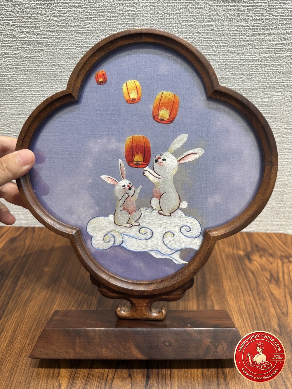 Double-sided Embroidery Ornament - Premium Rabbit Handmade Embroidery with Walnut Frame, 23×21cm (In Stock)