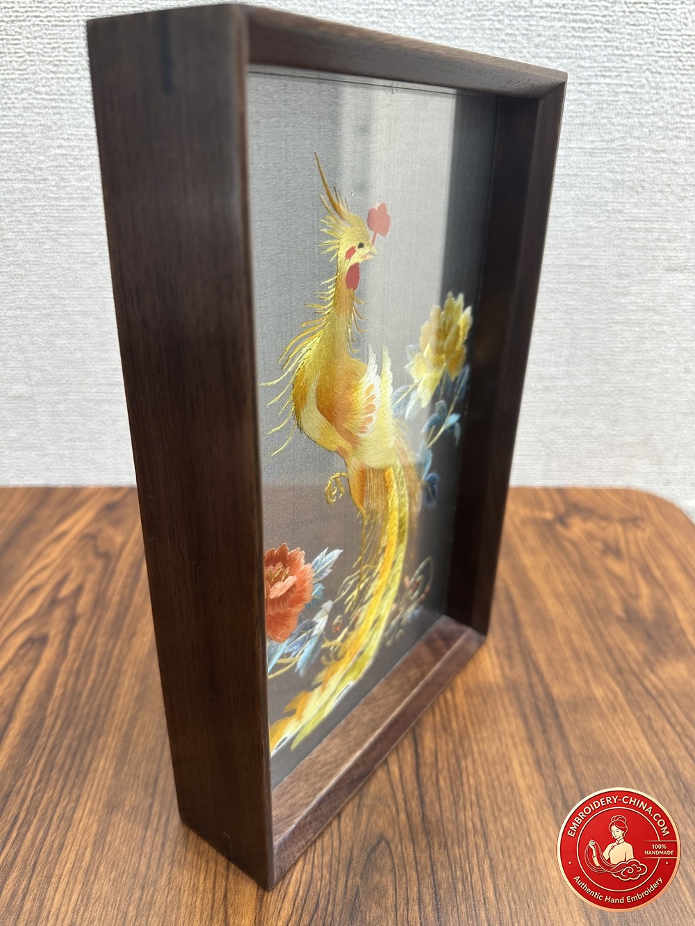 Double-sided Embroidery Ornament - Premium Phoenix and Peony Handmade Embroidery with Walnut Frame, 26×17cm (In Stock)