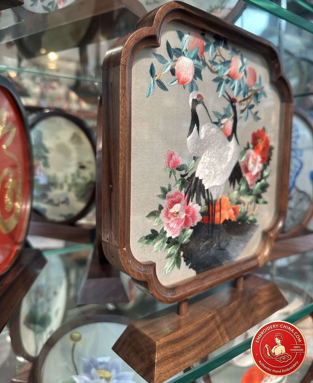 Double-sided Embroidery Ornament - Premium Peach, Crane and Peony Handmade Embroidery with Walnut Frame, 26×21cm (In Stock)