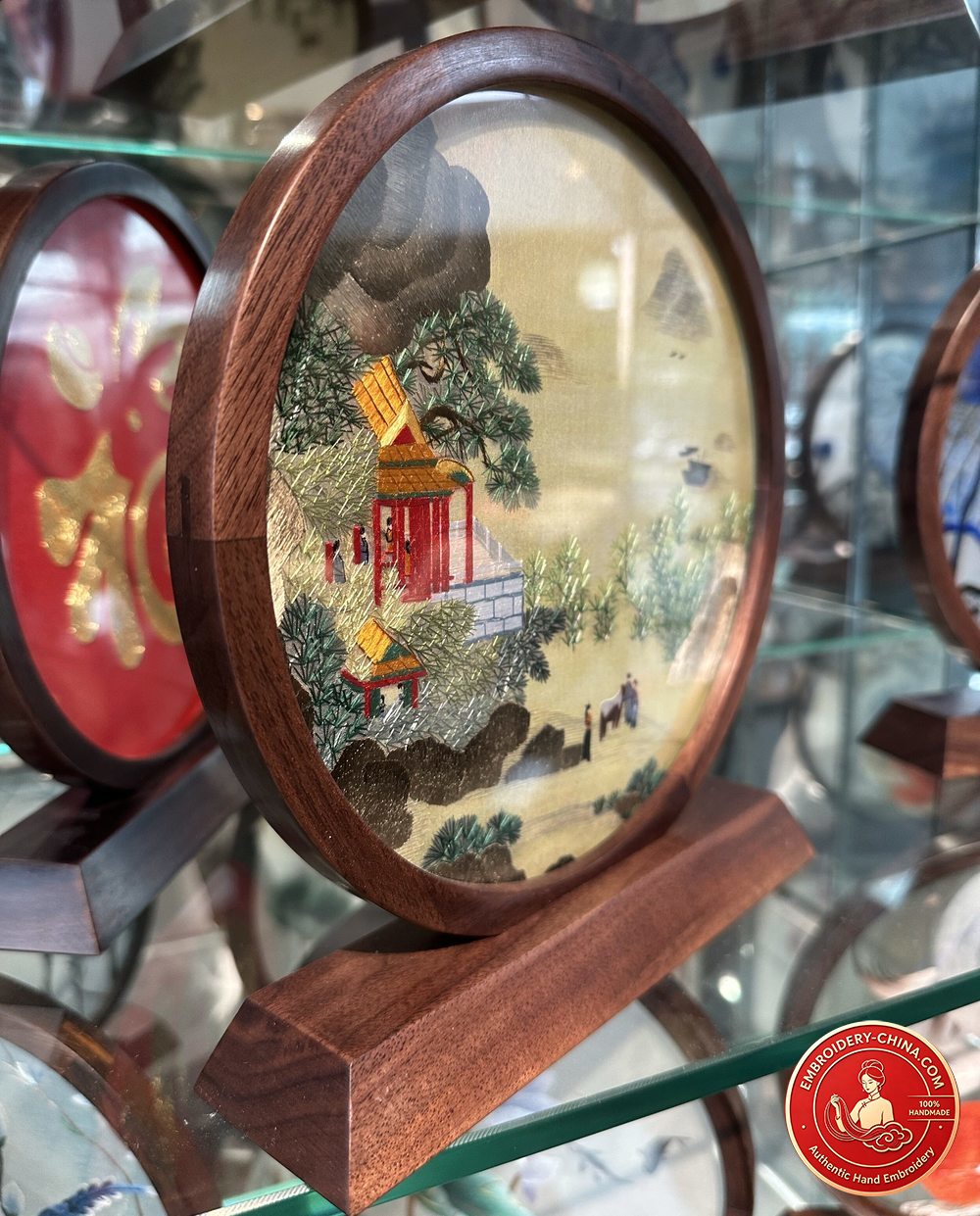 Double-sided Embroidery Ornament - Ancient Landscape Handmade Embroidery (2-Strand/3-Strand) with Walnut Frame, 23×21cm