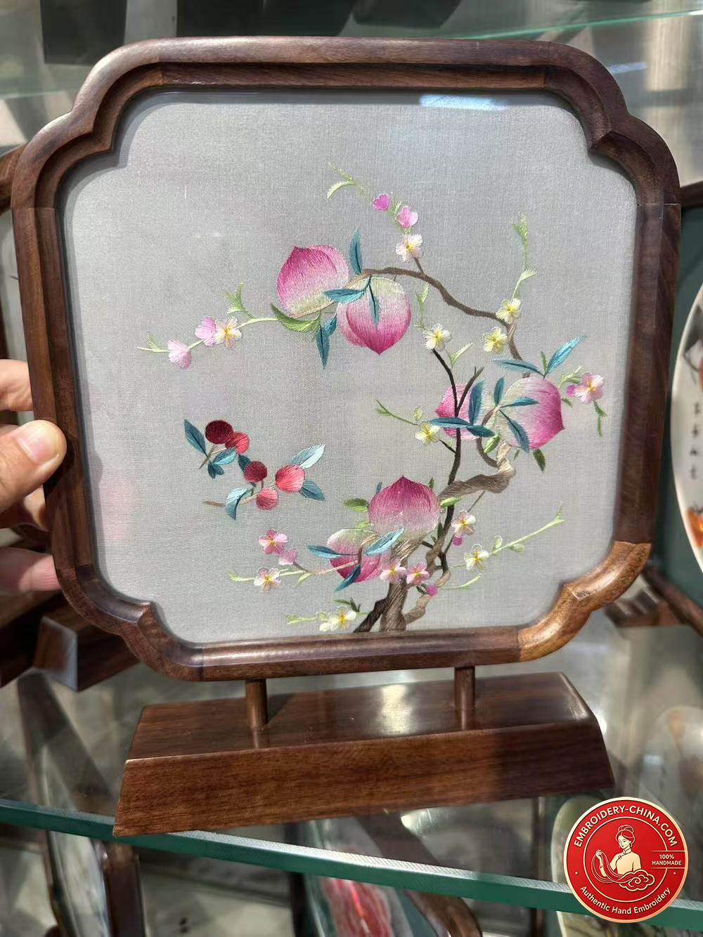 Double-sided Embroidery Ornament - Premium Peach Handmade Embroidery (2-Strand/3-Strand) with Walnut Frame, 26×21cm