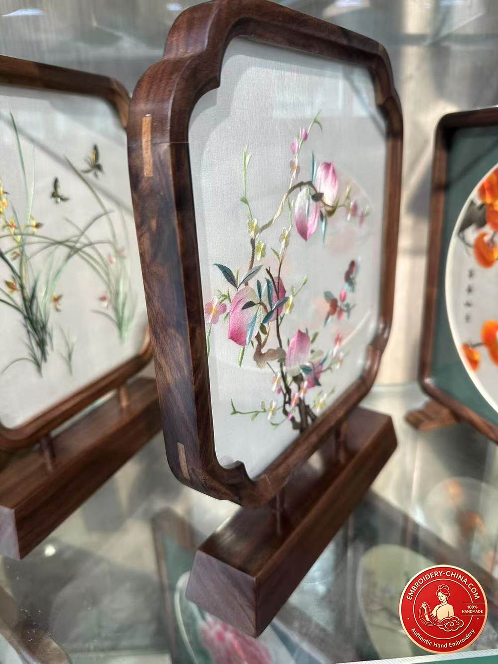 Double-sided Embroidery Ornament - Premium Peach Handmade Embroidery (2-Strand/3-Strand) with Walnut Frame, 26×21cm