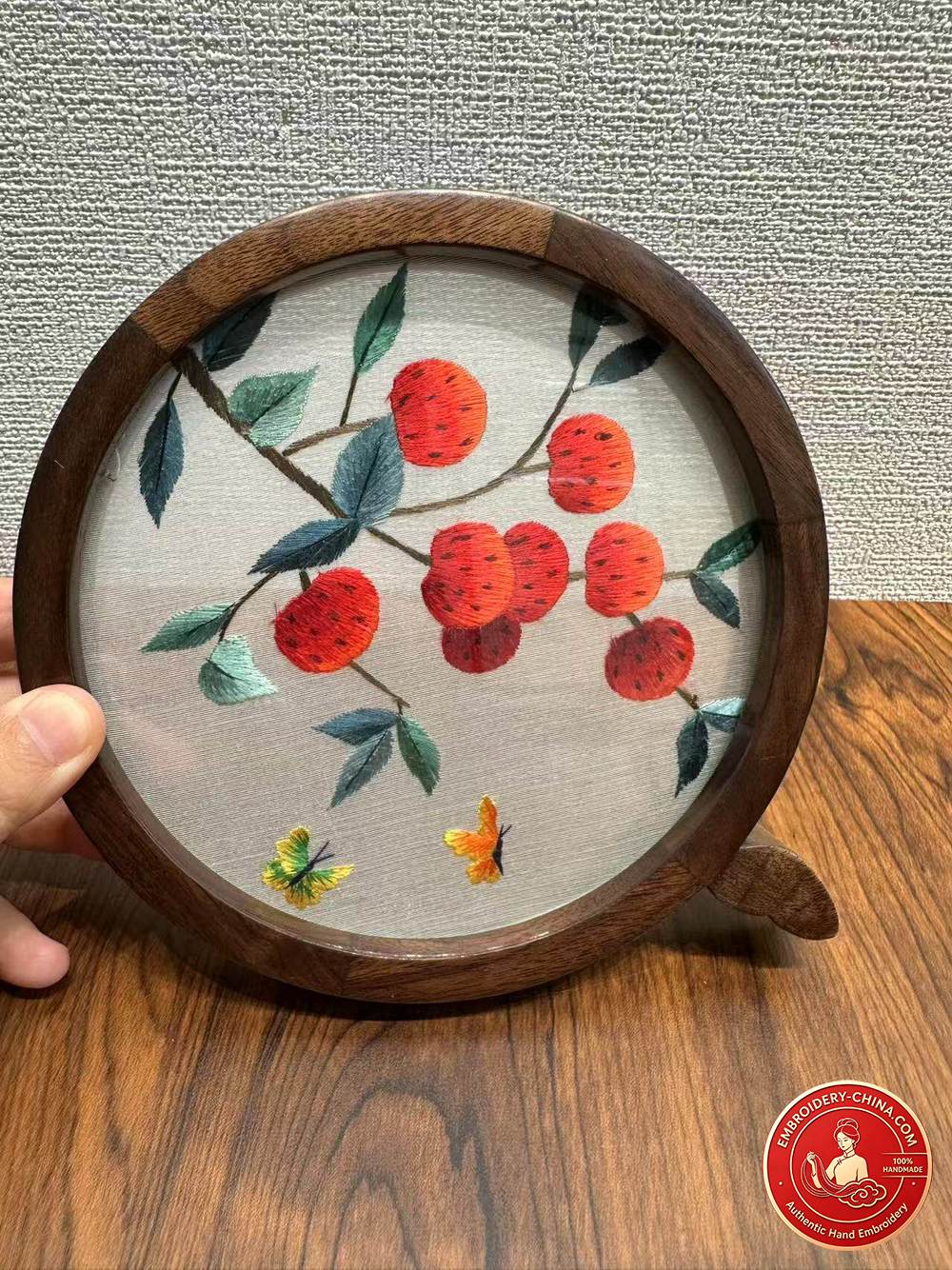 Double-sided Embroidery Ornament - Premium Panda Handmade Embroidery with Walnut Frame, 16cm Diameter (In Stock)