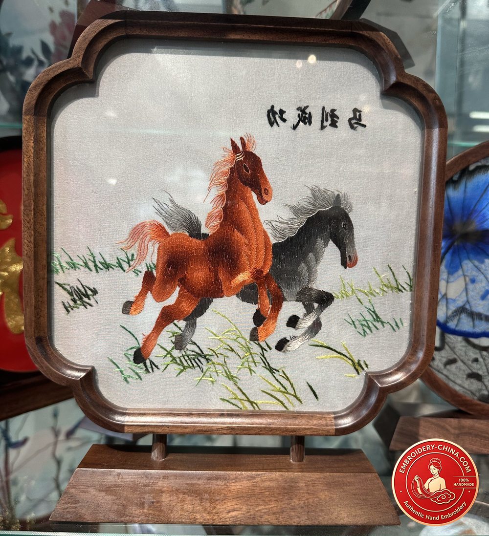 Double-sided Embroidery Ornament - Horse Success Handmade Embroidery (2-Strand/3-Strand) with Walnut Frame, 26×21cm