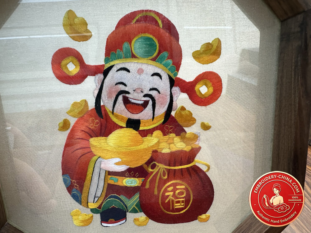 Double-sided Embroidery Ornament - Suzhou Handmade God of Wealth with Walnut Frame, 21cm Diameter