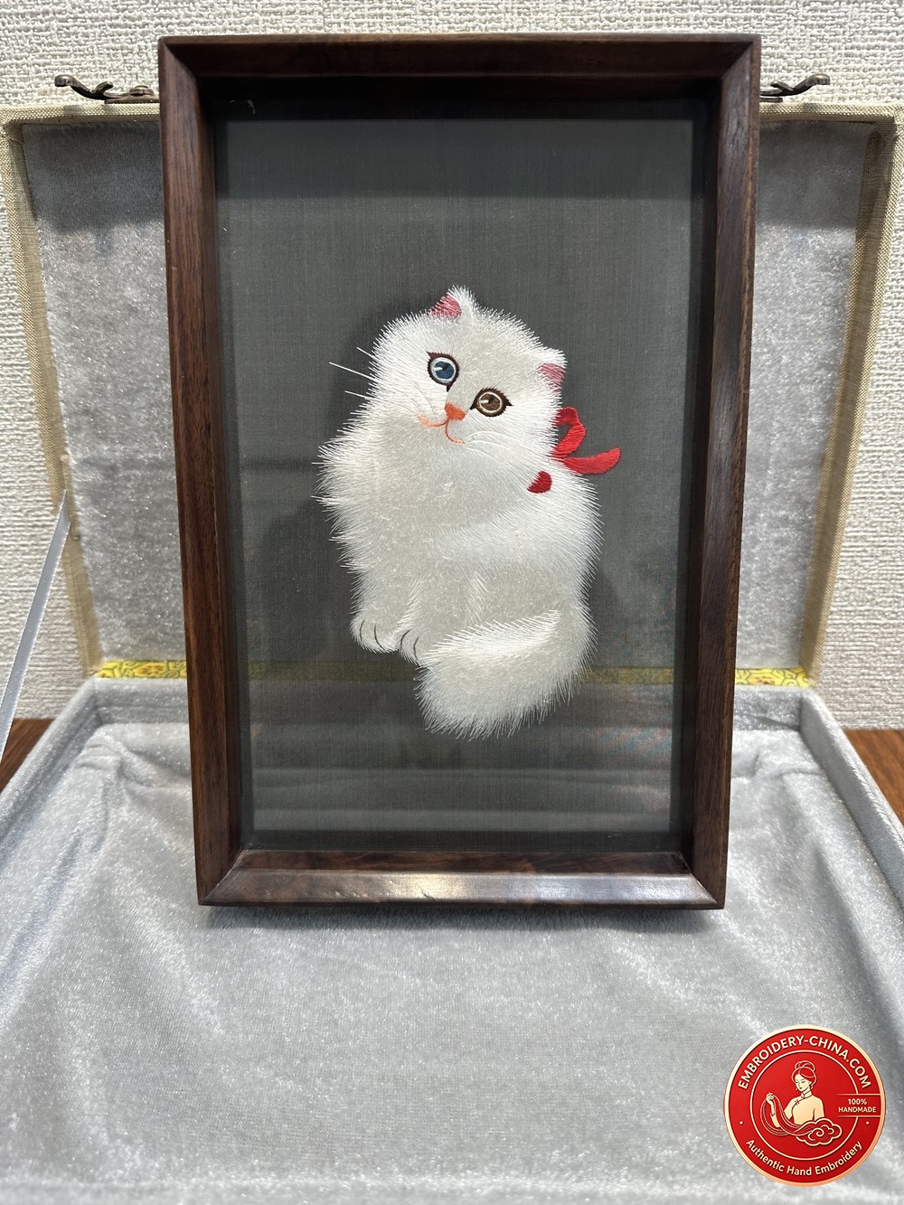 Double-sided Embroidery Ornament - Premium Lucky White Cat Handmade Embroidery with Walnut Frame, 26×17cm (In Stock)