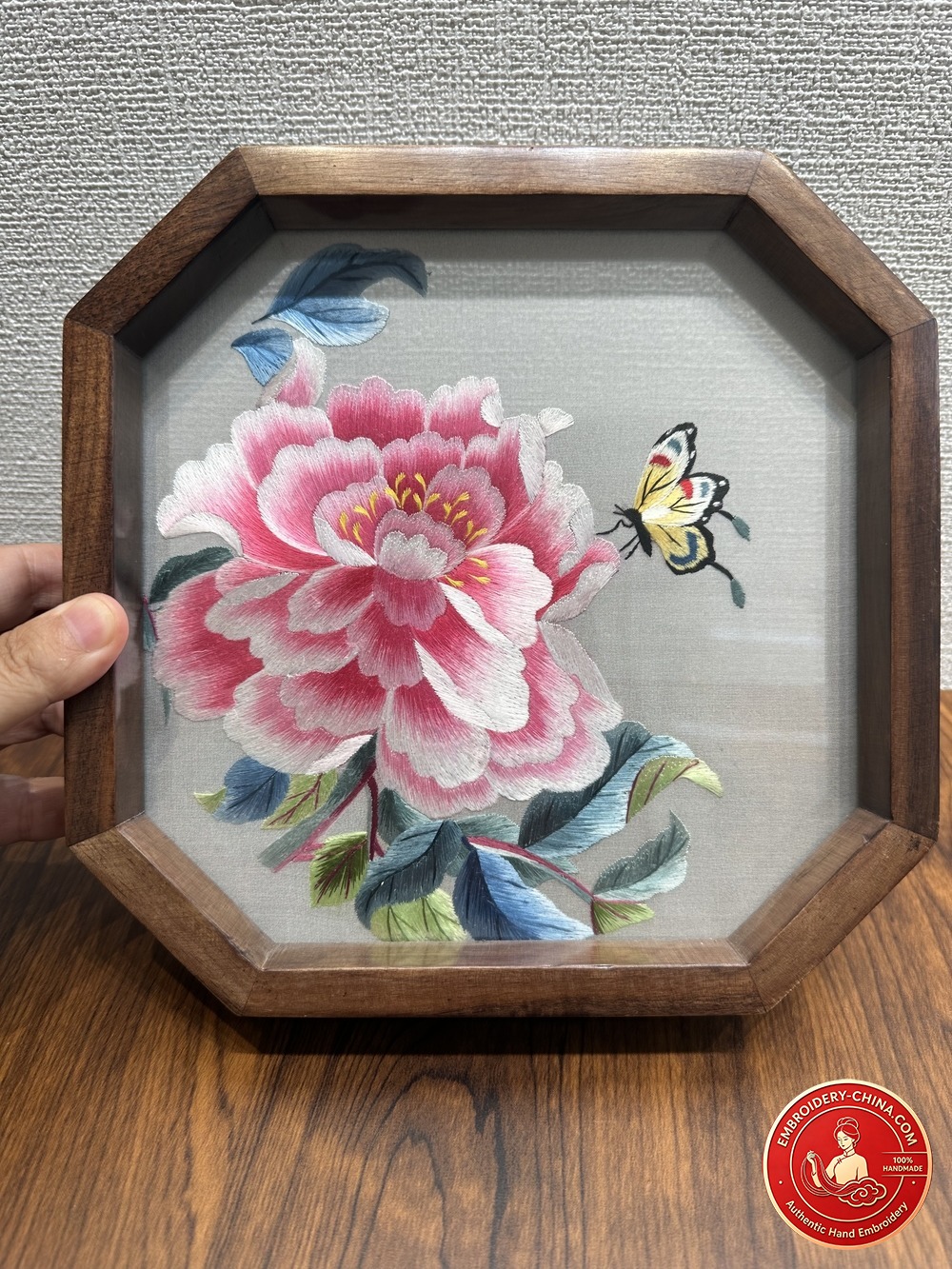 Double-sided Embroidery Ornament - Premium Peony Flower and Prosperity Handmade Embroidery with Walnut Frame, 21cm Diameter (In Stock)