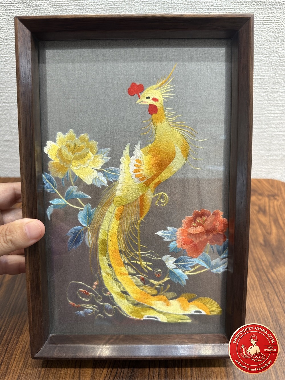Double-sided Embroidery Ornament - Premium Phoenix and Peony Handmade Embroidery with Walnut Frame, 26×17cm (In Stock)